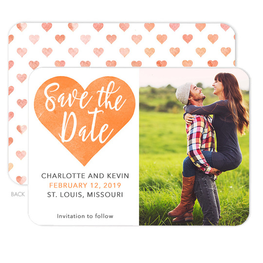 Orange Watercolor Heart Photo Save The Date Announcements